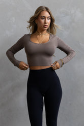 Long Sleeve Scoop Neck Crop - Taupe