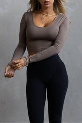 Long Sleeve Scoop Neck Crop - Taupe