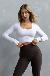 Long Sleeve Scoop Neck Crop - White