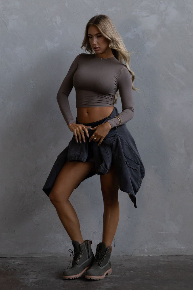 Long Sleeve Crew Crop- Taupe