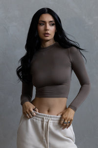 Long Sleeve Crew Crop- Taupe