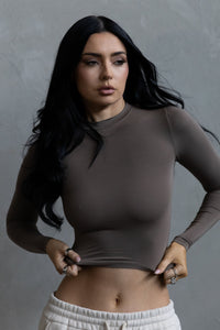 Long Sleeve Crew Crop- Taupe