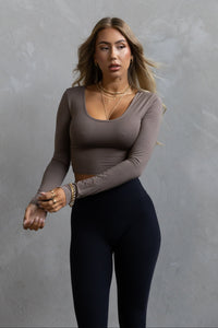 Long Sleeve Scoop Neck Crop - Taupe