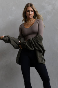Long Sleeve Scoop Neck Crop - Taupe