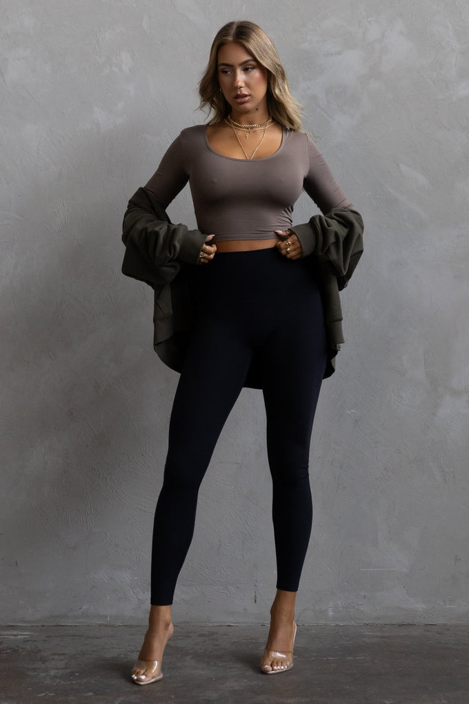 Long Sleeve Scoop Neck Crop - Taupe