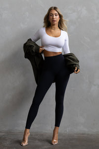 Long Sleeve Scoop Neck Crop - White
