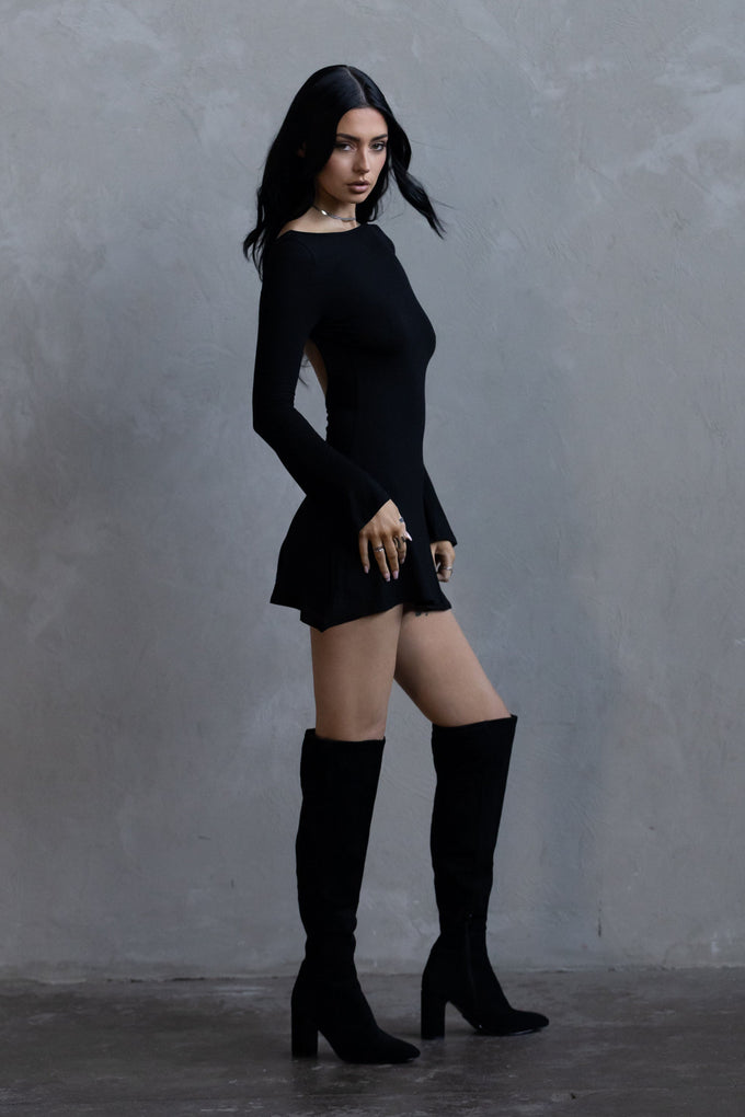 Backless Flare Mini Dress - Black