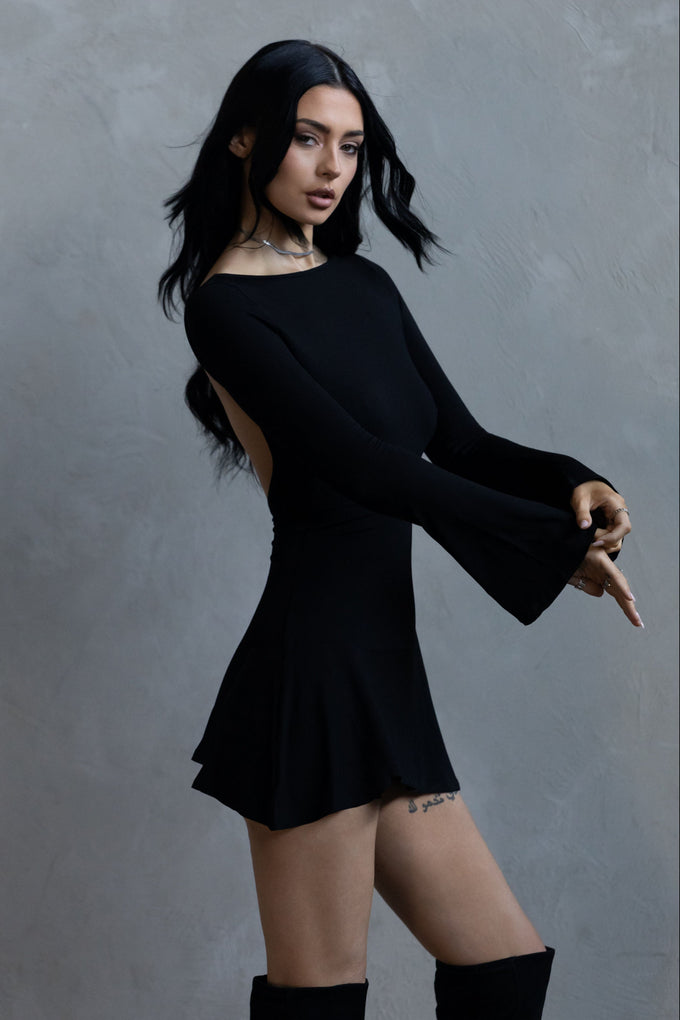 Backless Flare Mini Dress - Black