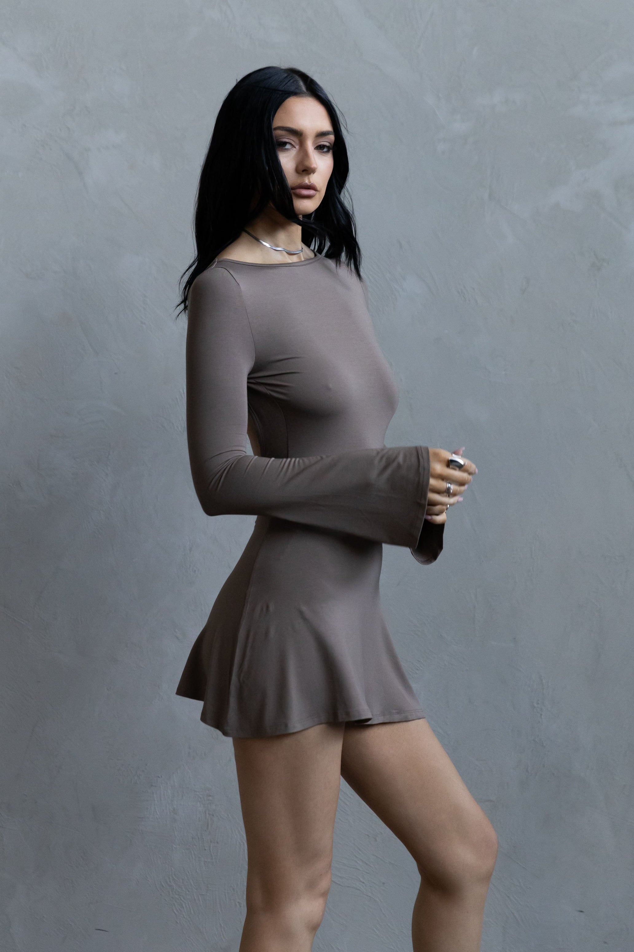 Backless Flare Mini Dress - Taupe L Backless Flare Mini Dress - Taupe L