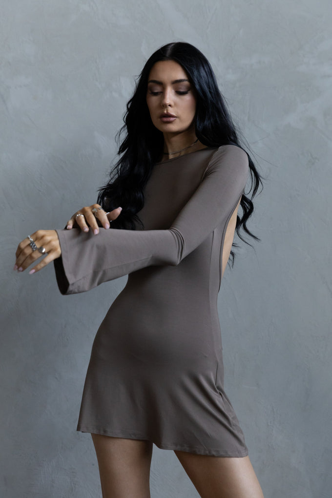Backless Flare Mini Dress - Taupe